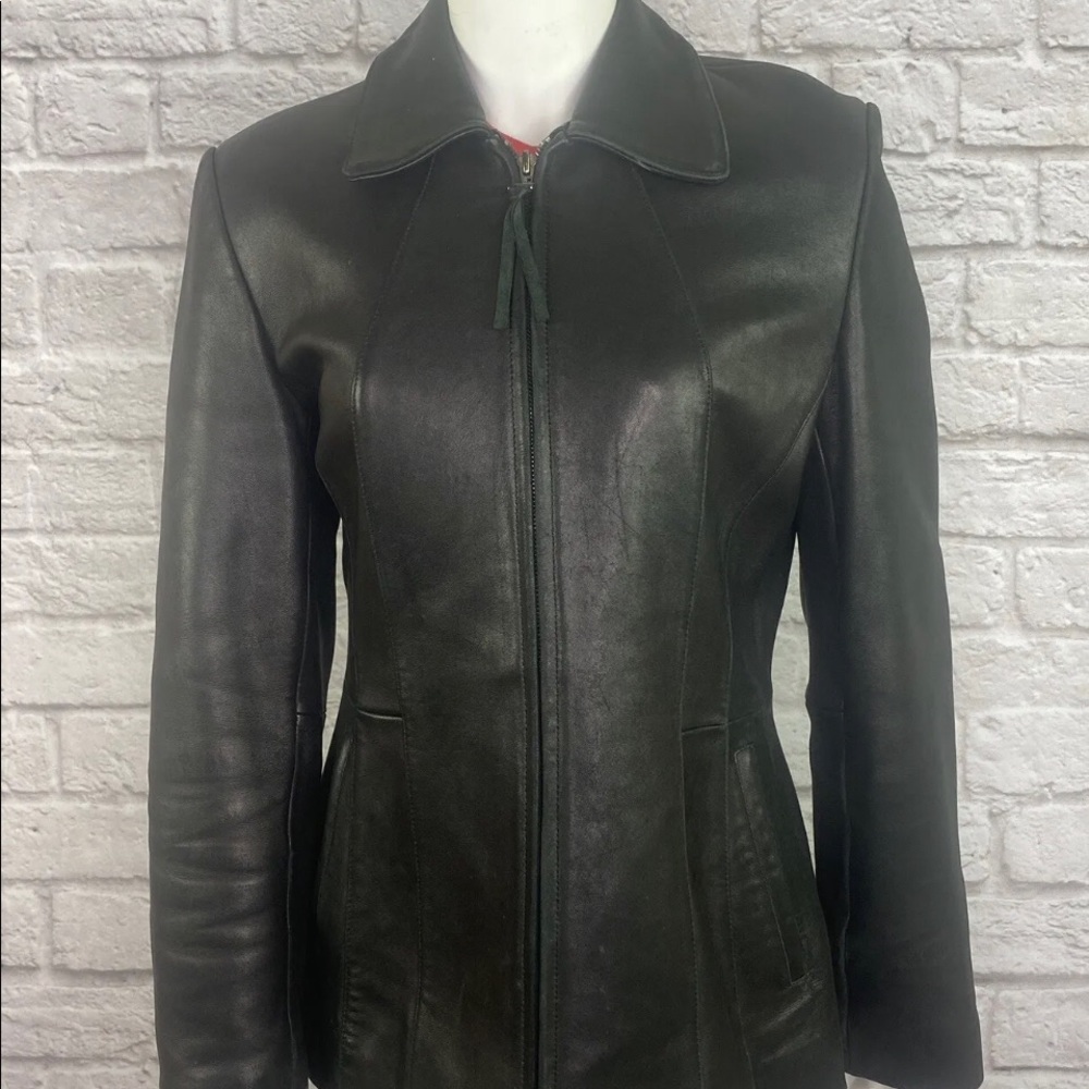 VTG LIZ CLAIBORNE Front Zip Zip Cuffs Black Genuine Leather Jacket Women's Sz M